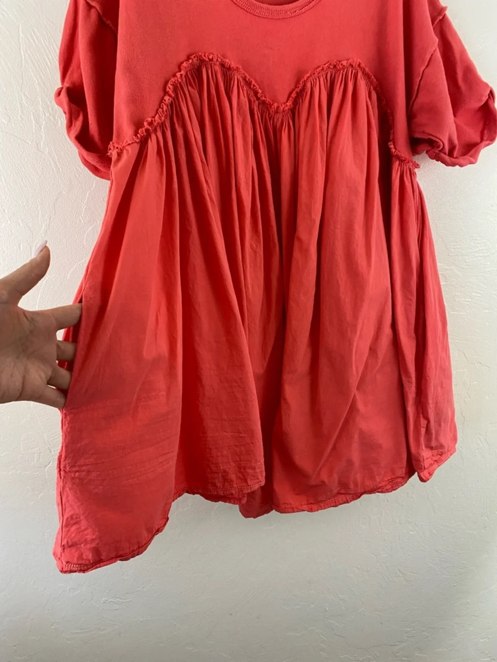 Free People Size Small Coral Orange Cotton Knit Short Sleeve Pleaded Mini Dress - Picture 4 of 5